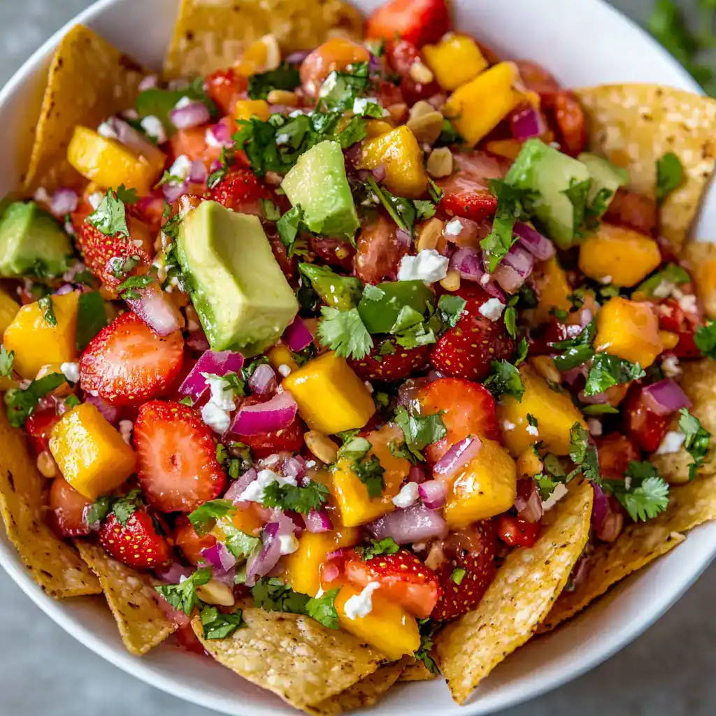 Fresh strawberry mango salsa with cilantro and red onion on crispy tortilla chips for a flavorful appetizer or snack.