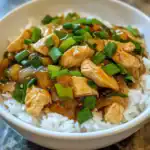 Satisfying chicken and rice bowl topped with savory sauce and fresh green onions, perfect for quick and delicious meal options from Station Recipes.