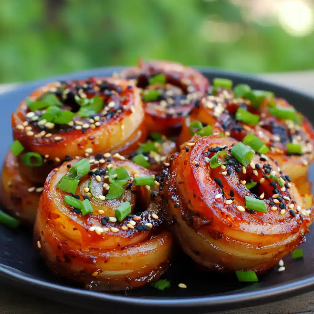 Sweet and savory bacon-wrapped scallops topped with chopped green onions and sesame seeds, served on a dark plate, showcasing a delicious seafood appetizer perfect for special occasions.