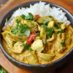 Creamy Thai Curry with Artichokes and Red Bell Peppers in a spiced coconut sauce, served over white rice, garnished with fresh cilantro. Perfect for vegetarian dinner or lunch.