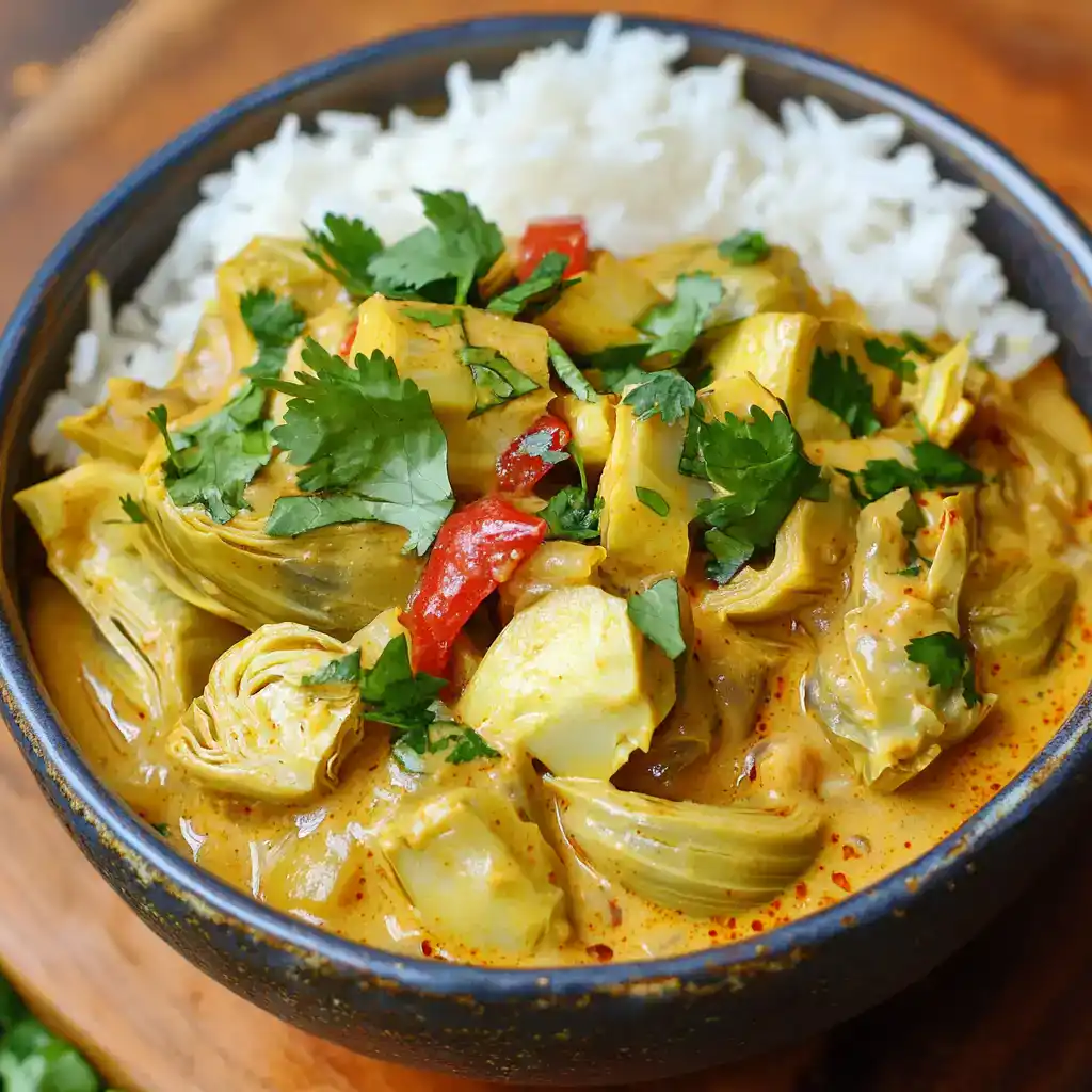 Creamy Thai Curry with Artichokes and Red Bell Peppers in a spiced coconut sauce, served over white rice, garnished with fresh cilantro. Perfect for vegetarian dinner or lunch.