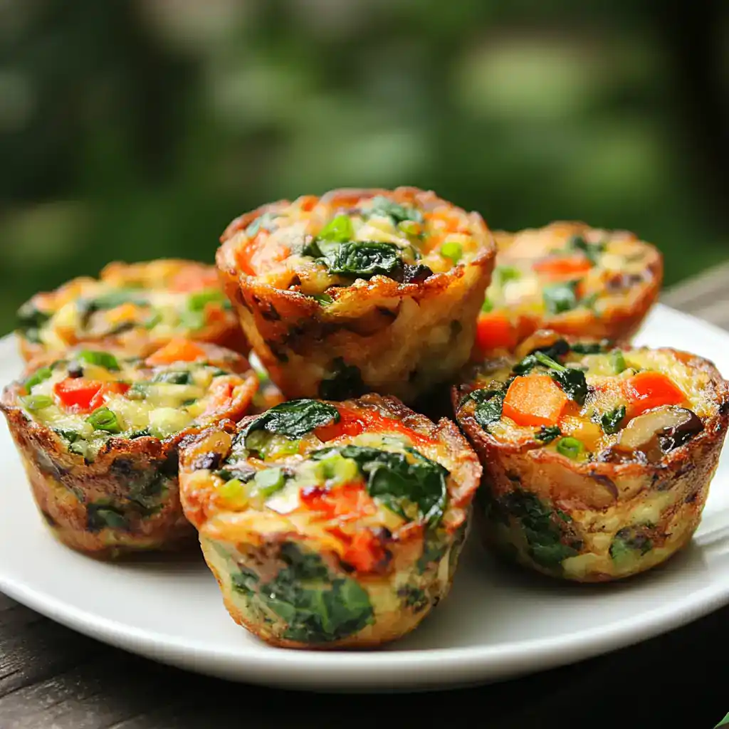 Soft vegetable egg muffins with colorful peppers and spinach on a white plate, healthy breakfast options from Station Recipes.