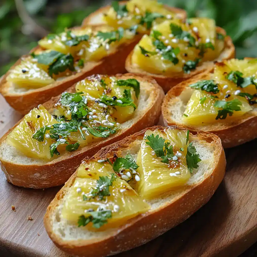 Sliced baguette topped with caramelized pineapple, fresh cilantro, black sesame seeds, and white sesame seeds, serving as a delicious appetizer or snack.