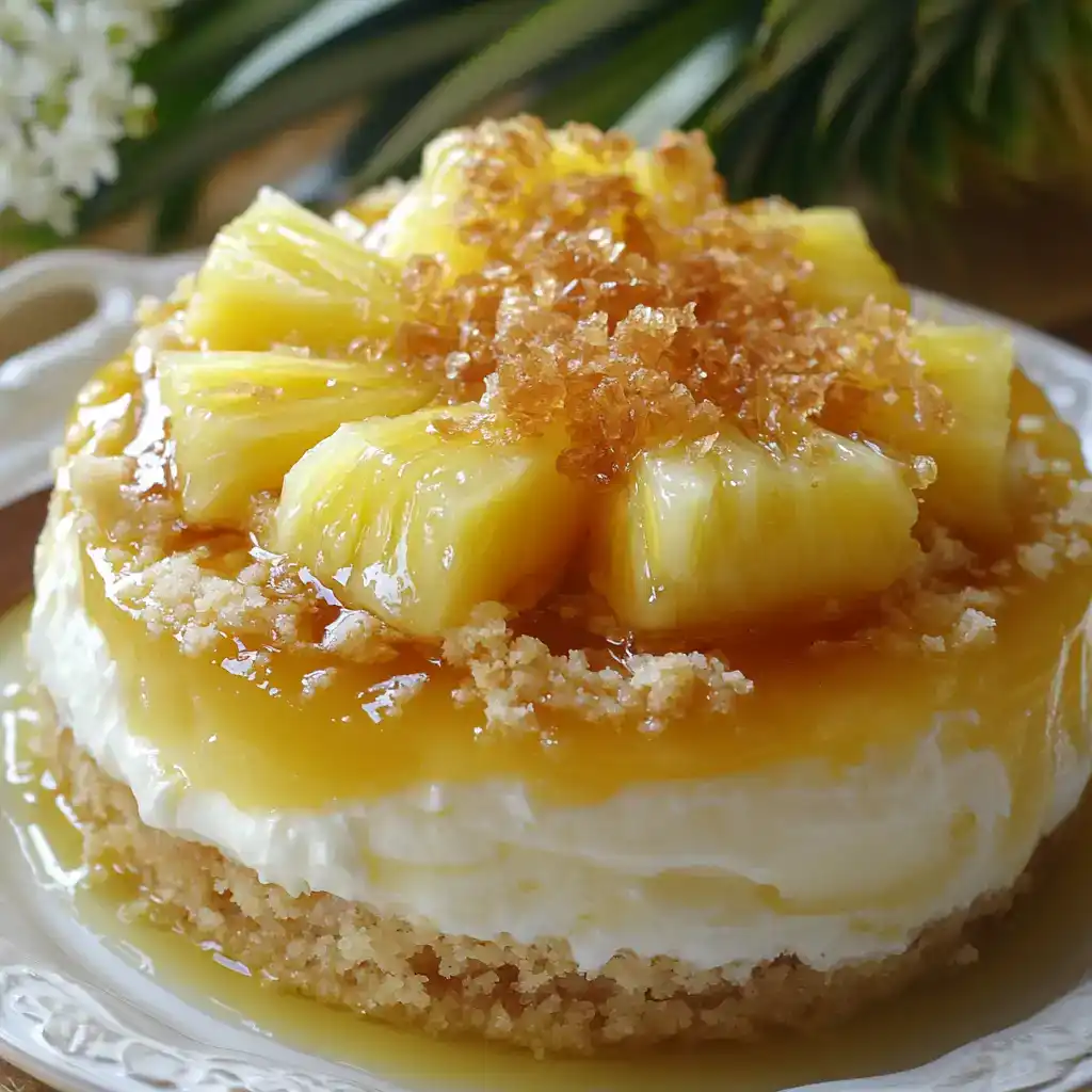 Creamy pineapple cheesecake topped with caramelized pineapple chunks and golden caramel syrup, perfect for tropical dessert lovers.