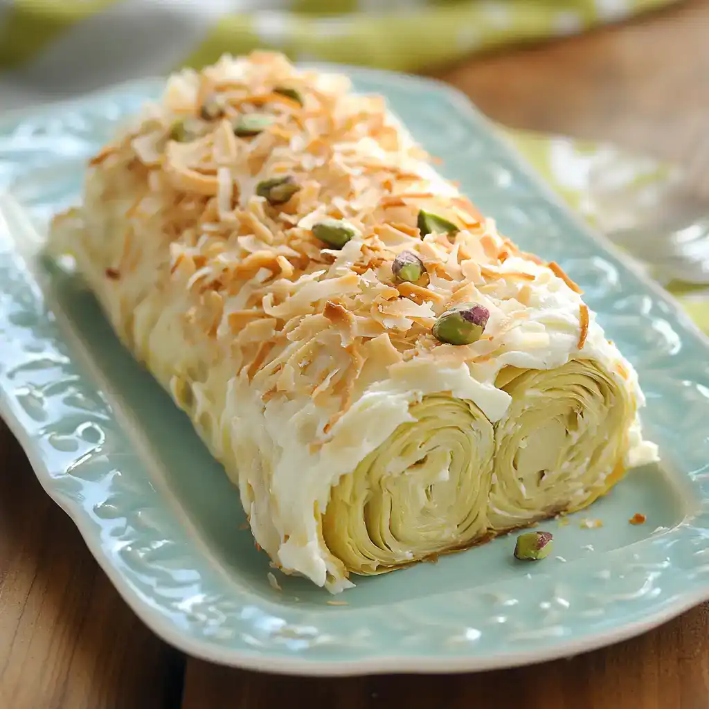 Cream cheese roll with shredded cheese, chopped nuts, and pistachio toppings on a decorative blue platter, perfect for appetizer or party tray.