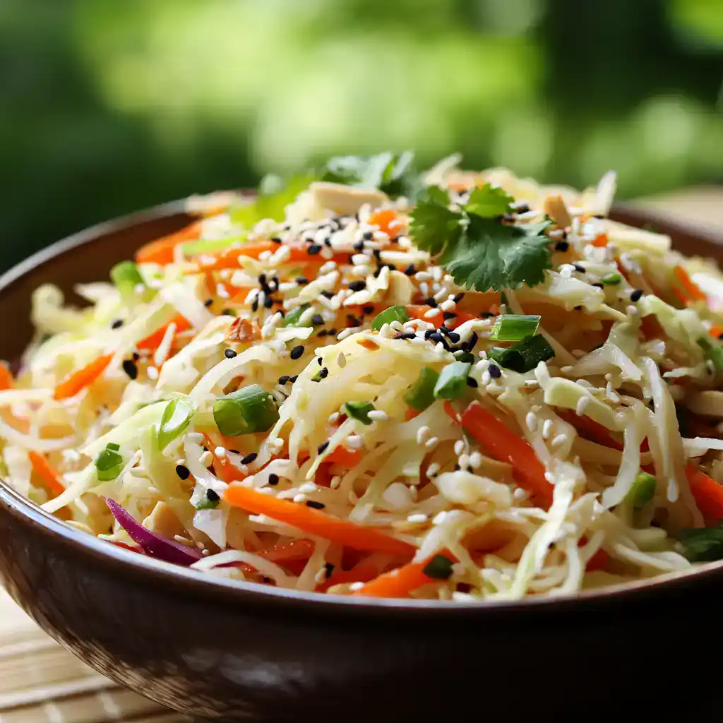 Fresh Asian coleslaw salad with shredded vegetables, sesame seeds, and cilantro in a dark bowl, showcasing a vibrant, healthy dish perfect for quick side meals or potlucks.
