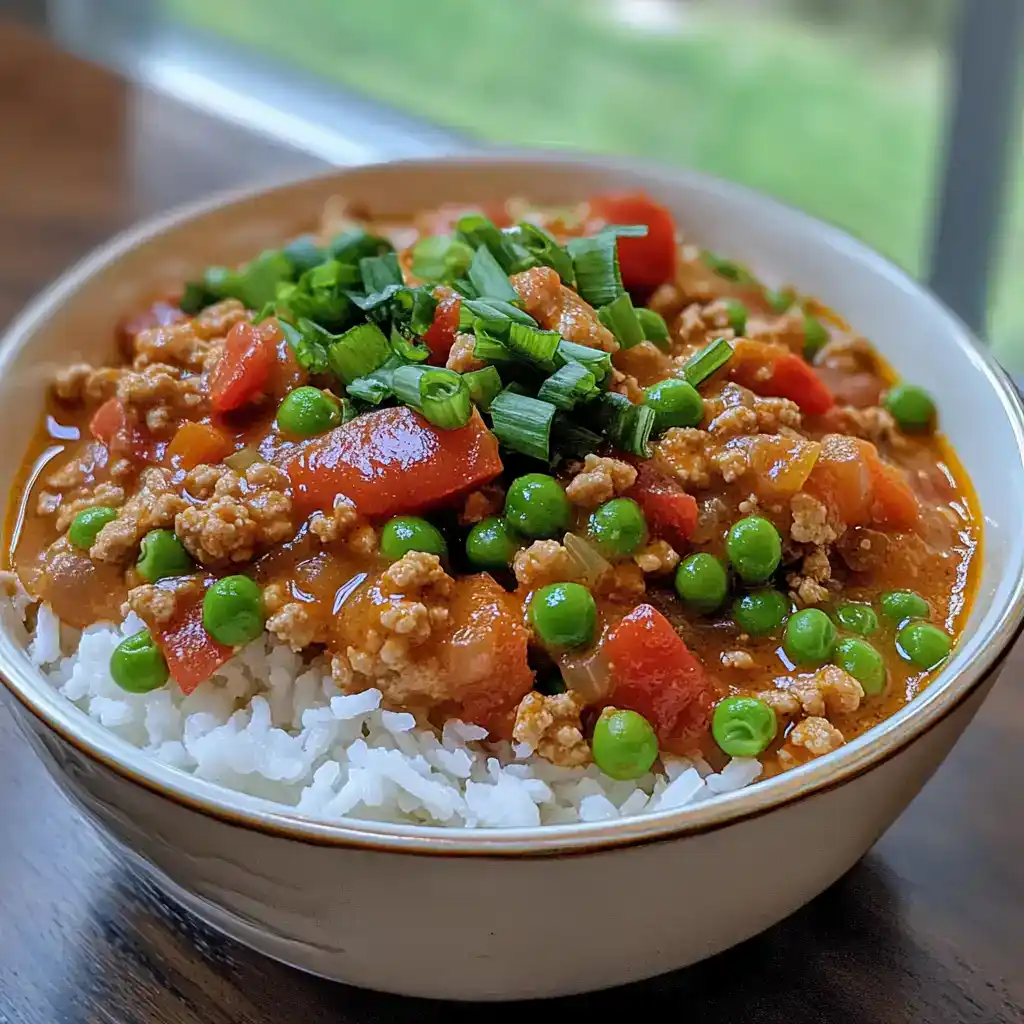 Seasoned ground beef and vegetable stir-fry over white rice, topped with chopped green onions, in a cozy home-cooked meal.