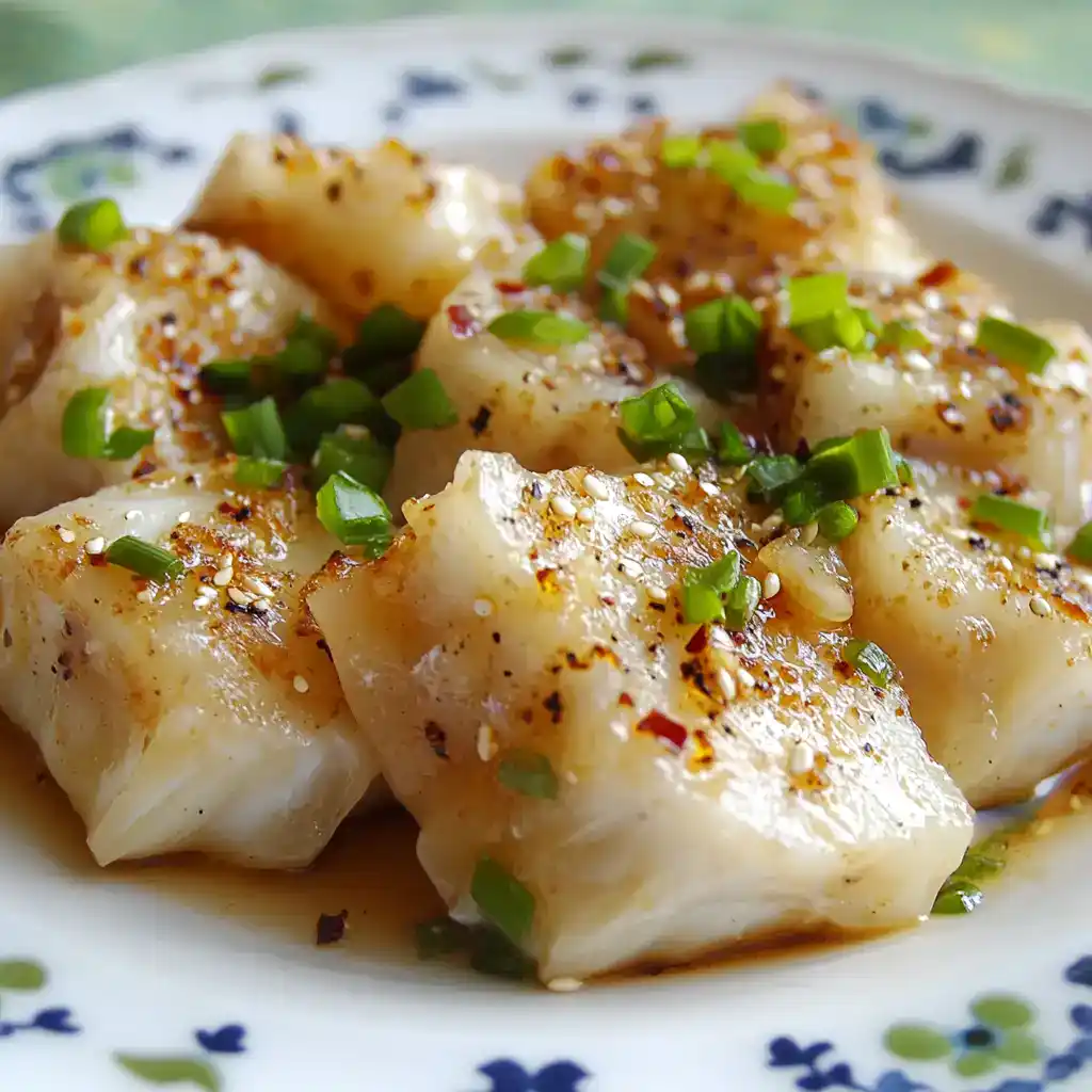 Savory steamed dumplings topped with chopped green onions, sesame seeds, and spices, served on a decorative plate for a delicious Asian-inspired appetizer or meal.