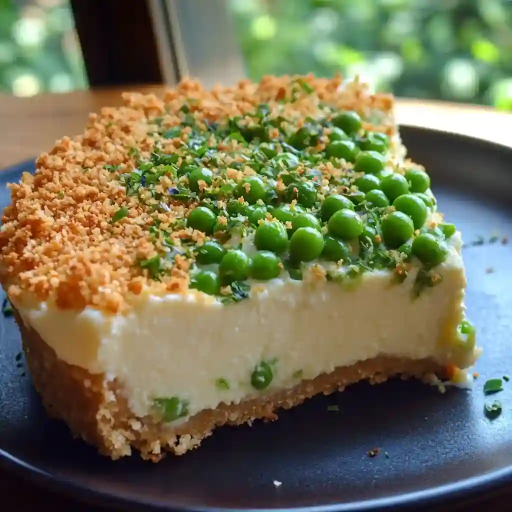 Creamy pea cheesecake with crushed graham cracker crust topped with fresh green peas and chopped herbs, served on a black plate with a blurred green background.