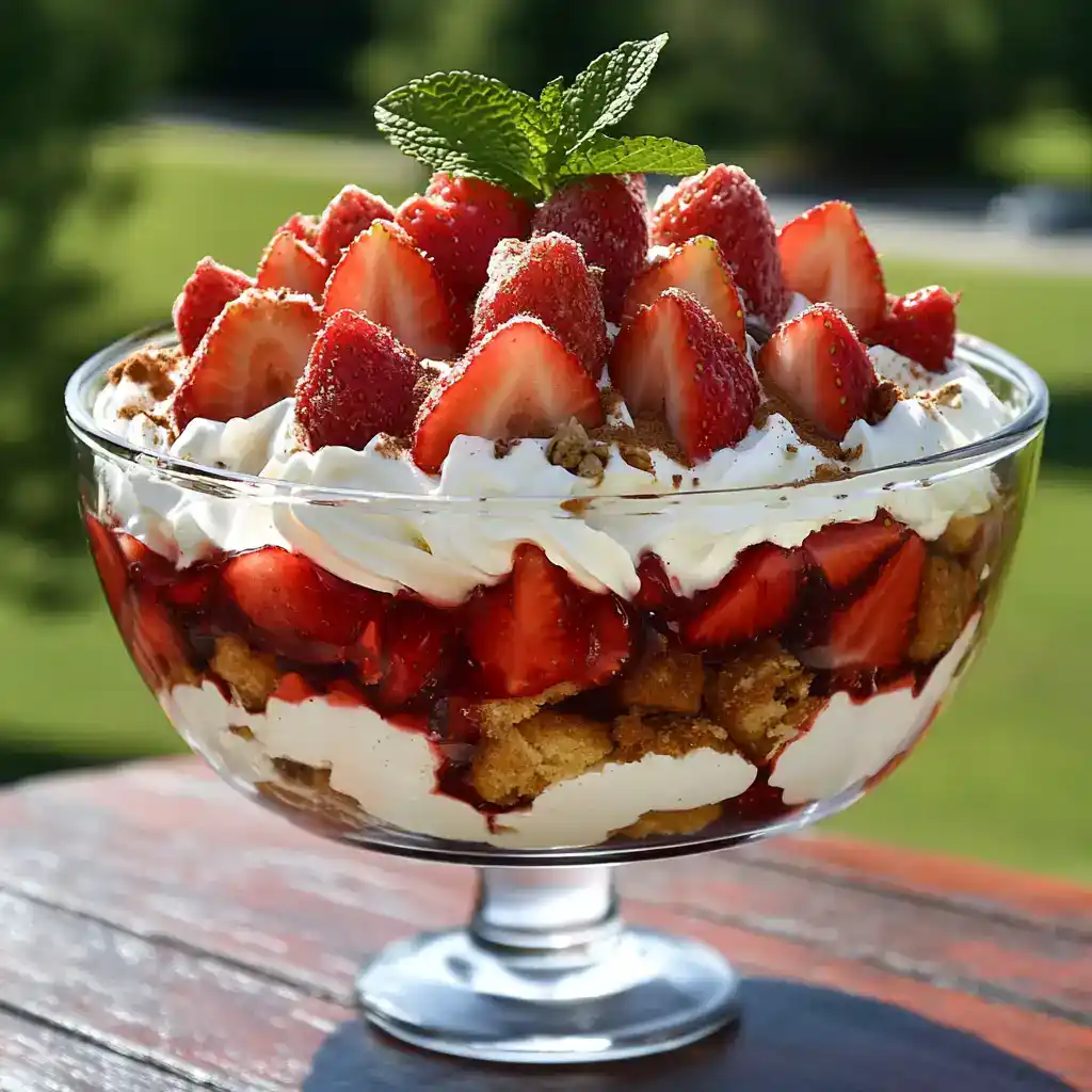 Fresh strawberry crumble dessert with whipped cream in a glass bowl on an outdoor table. Perfect for summer gatherings and easy to make with fresh strawberries and crumb topping.