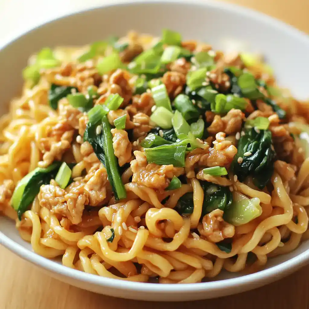 Stir-fried noodles with ground chicken, green onions, and vegetables in a savory Asian-inspired sauce. Perfect for a quick, flavorful meal with wheat noodles and fresh ingredients.
