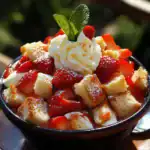 Fresh strawberry shortcake dessert with whipped cream and mint garnish in a black bowl, perfect for spring or summer treats from Station Recipes.