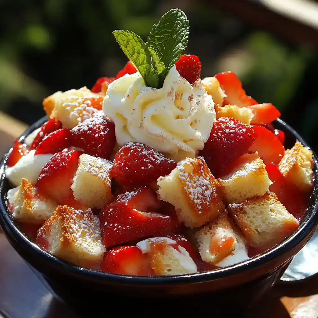 Fresh strawberry shortcake dessert with whipped cream and mint garnish in a black bowl, perfect for spring or summer treats from Station Recipes.