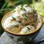 Creamy potato salad with chopped green onions and a tangy dressing, served in a decorative bowl. Perfect for picnics, barbecues, and family gatherings. A classic comfort food side dish.