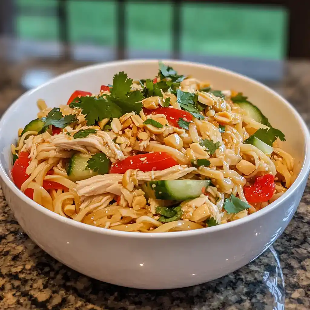 Buddha bowl with shredded chicken, fresh vegetables, and chopped peanuts in a white bowl, served on a granite countertop in a bright kitchen.