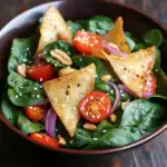 Crispy spinach salad with cherry tomatoes, red onions, toasted peanuts, and sesame seeds in a bowl.