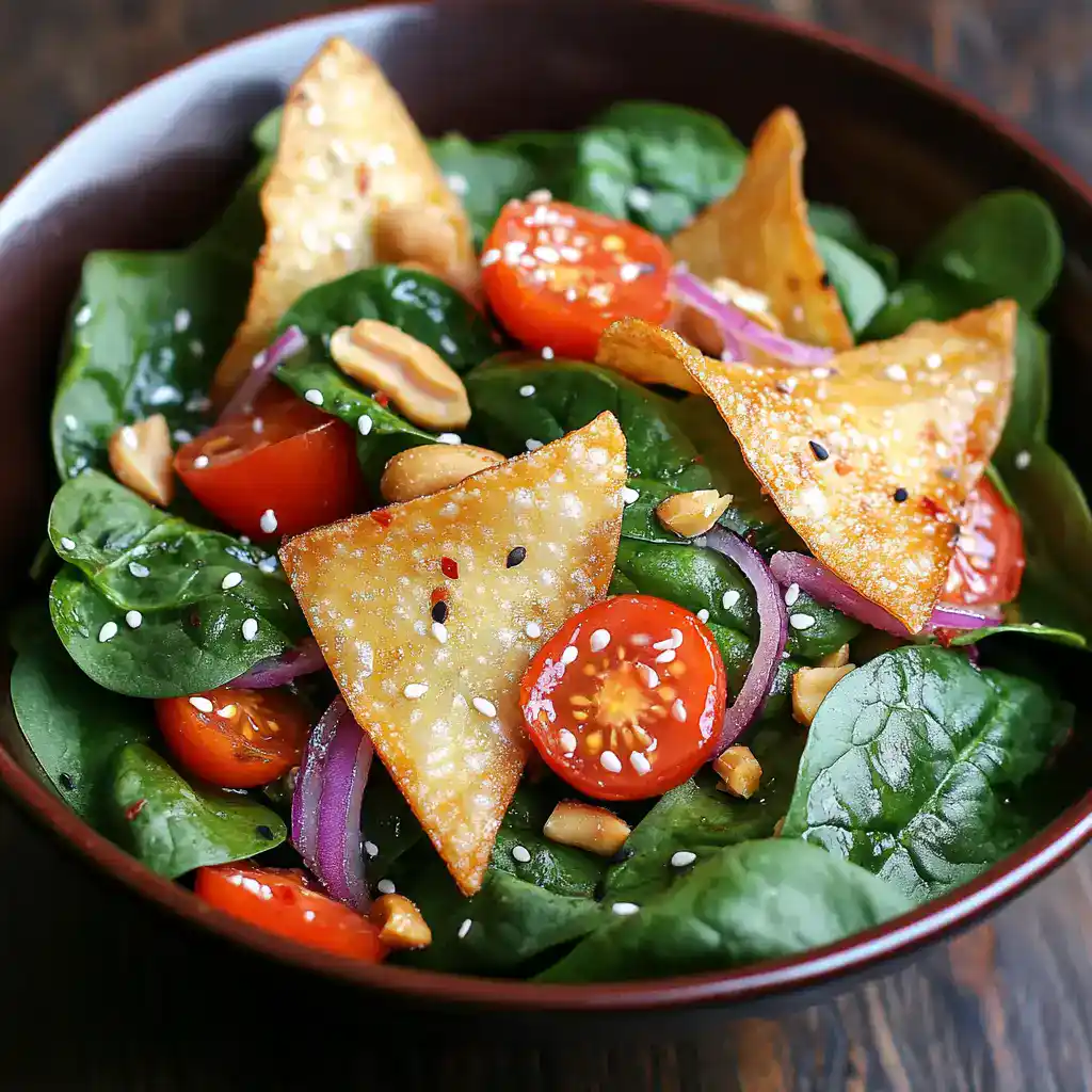Crispy spinach salad with cherry tomatoes, red onions, toasted peanuts, and sesame seeds in a bowl.