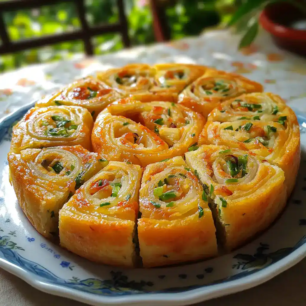 Golden crispy spring onion pancake roll sliced into individual pieces with vibrant green onions, served on a floral plate, perfect for breakfast or snack at Station Recipes.