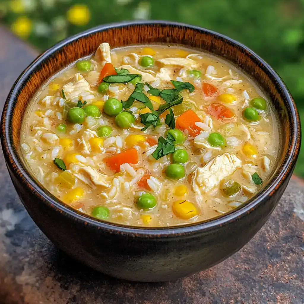 Creamy vegetable chicken soup with peas, carrots, corn, and herbs in a rustic bowl for a hearty meal.
