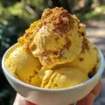 Creamy vanilla ice cream topped with caramelized nuts and cocoa powder, perfect for summer cravings.