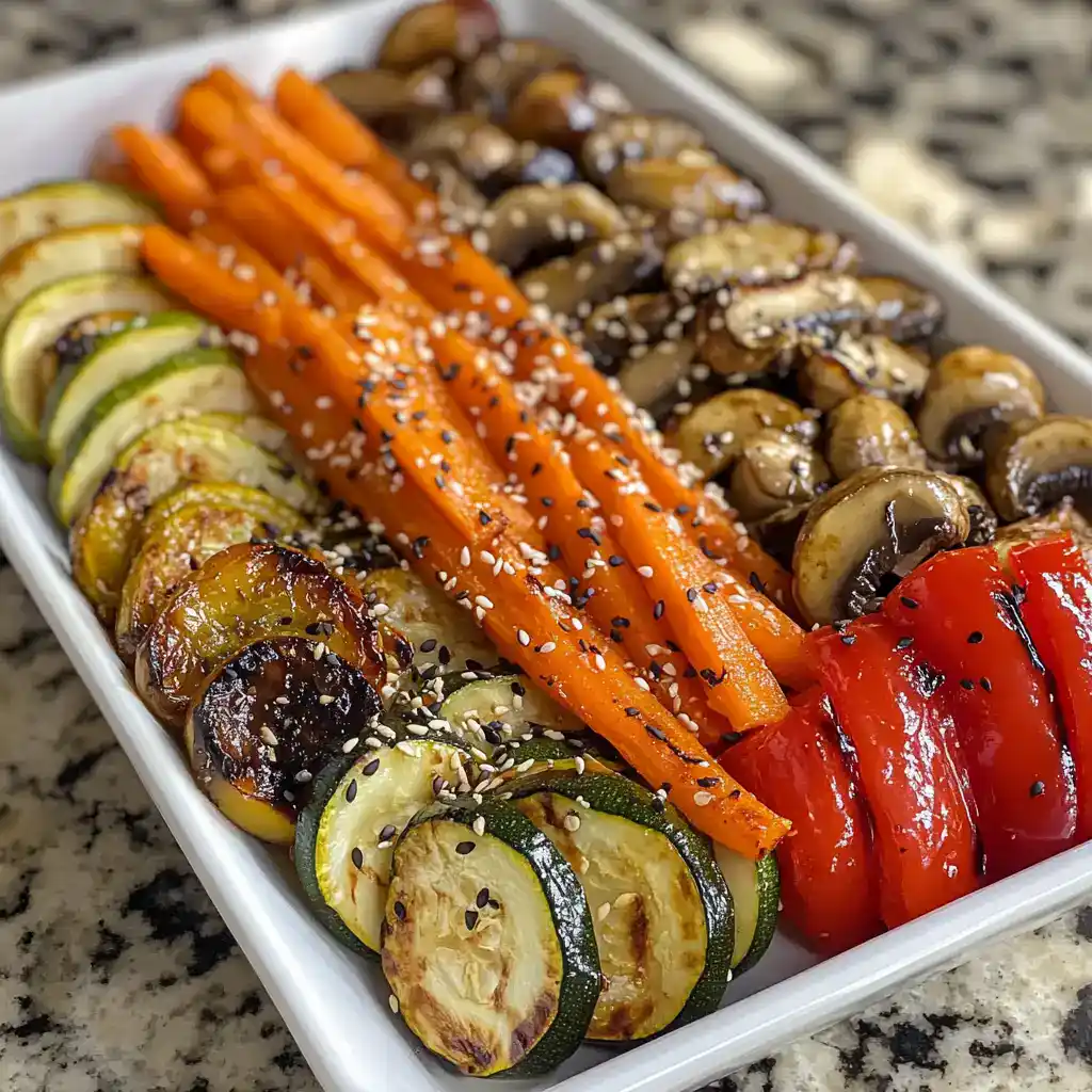 Roasted vegetable platter with zucchini, red bell peppers, carrots, mushrooms, and cherry tomatoes, garnished with sesame seeds, on a white rectangular dish in a rustic kitchen setting.