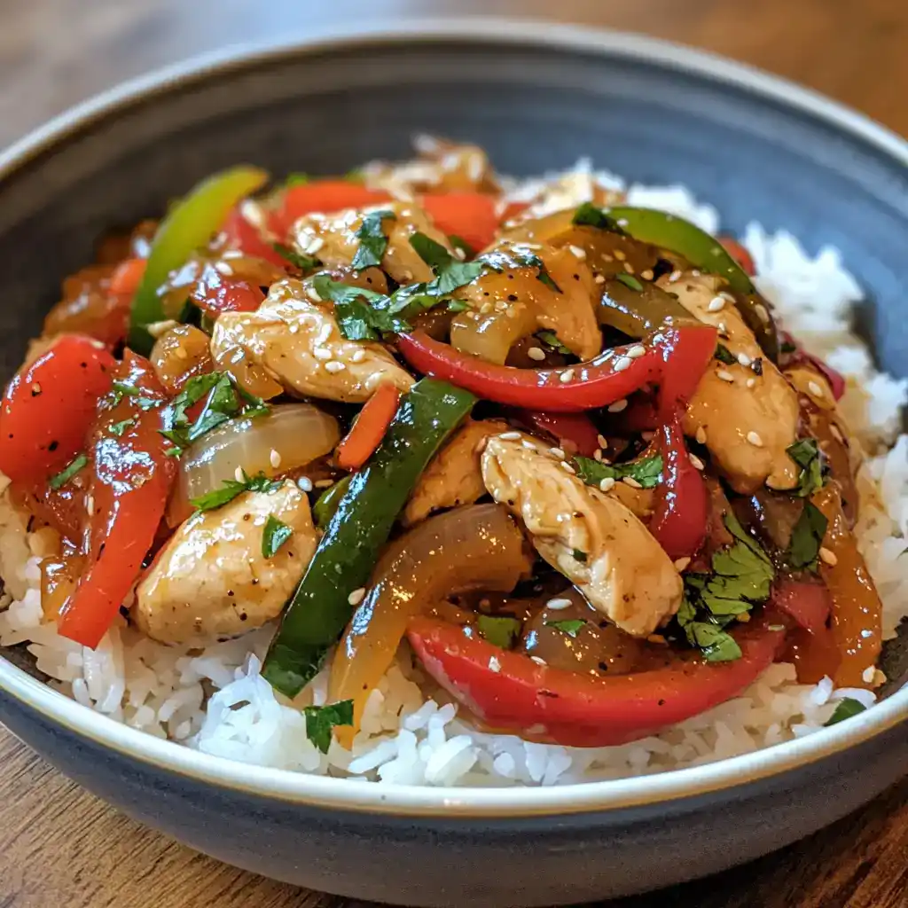 Stir-fry chicken and bell peppers served over white rice in a black bowl, garnished with sesame seeds and cilantro, showcasing a colorful, healthy, and flavorful meal.