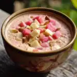Creamy fruit salad with mixed bananas, melons, and nuts in a rustic bowl.