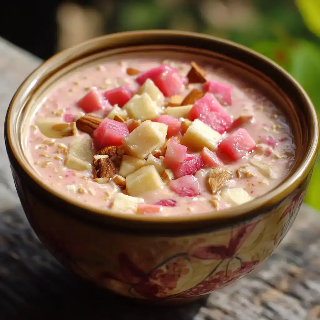 Creamy fruit salad with mixed bananas, melons, and nuts in a rustic bowl.