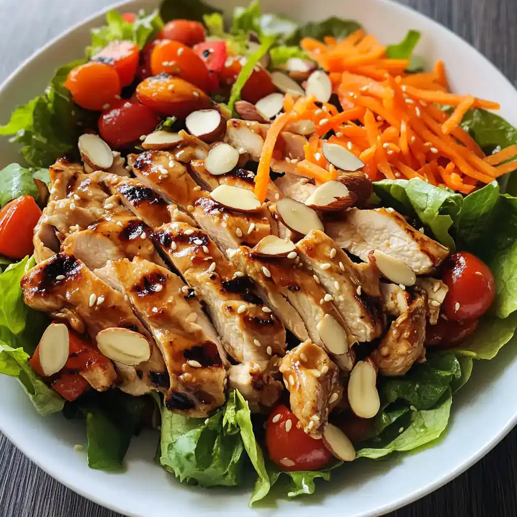 Grilled chicken salad with fresh vegetables, cherry tomatoes, shredded carrots, and slivered almonds, drizzled with a savory dressing. Perfect for healthy and delicious lunch or dinner.