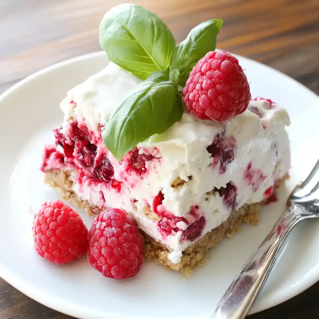 Fresh raspberry cheesecake with creamy layers, graham cracker crust, and garnished with fresh raspberries and basil leaves - perfect for dessert or special occasions.