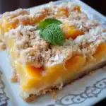 Fresh peach crumble bar with a buttery graham cracker crust, sweet peach filling, topped with crunchy crumble and garnished with mint, perfect for summer desserts.