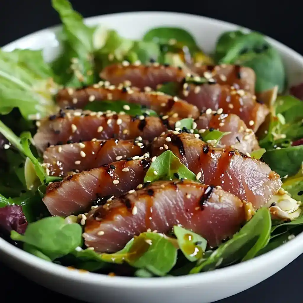Seared tuna salad with mixed greens, sesame seeds, and a soy-ginger dressing, fresh and flavorful healthy dish.