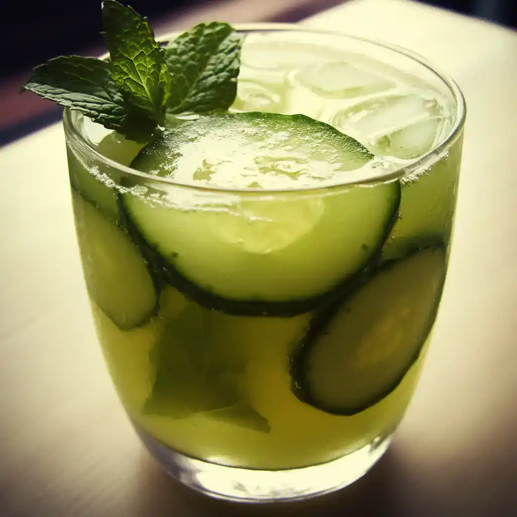 Cucumber mint refreshing drink with ice and fresh herbs, perfect for summer hydration and healthy lifestyle. Great for making homemade soda or mocktail recipes.