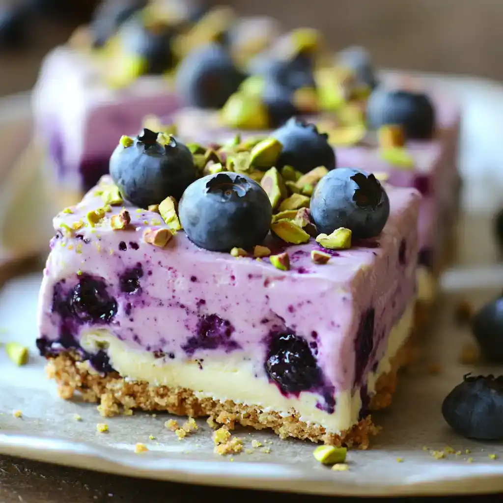 Fresh blueberry cheesecake with crushed pistachios, creamy filling, and a crunchy graham cracker crust, perfect for dessert or special occasions.