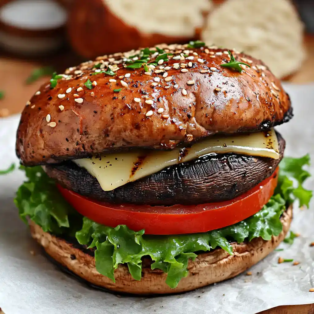 Juicy grilled mushroom and cheddar cheese burger with fresh vegetables on whole wheat bun, garnished with sesame seeds and herbs, ready to enjoy.