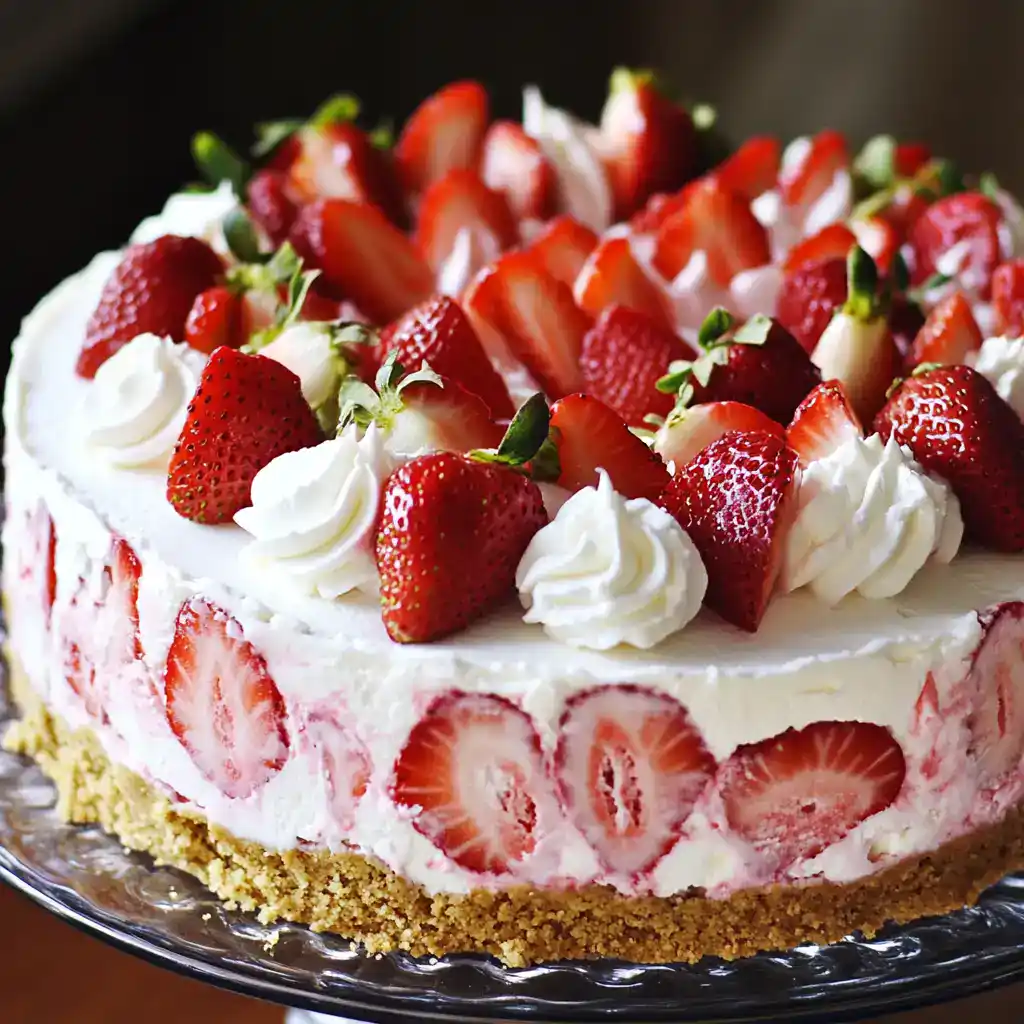 Fresh strawberry cheesecake with whipped cream and a graham cracker crust, perfect for dessert.