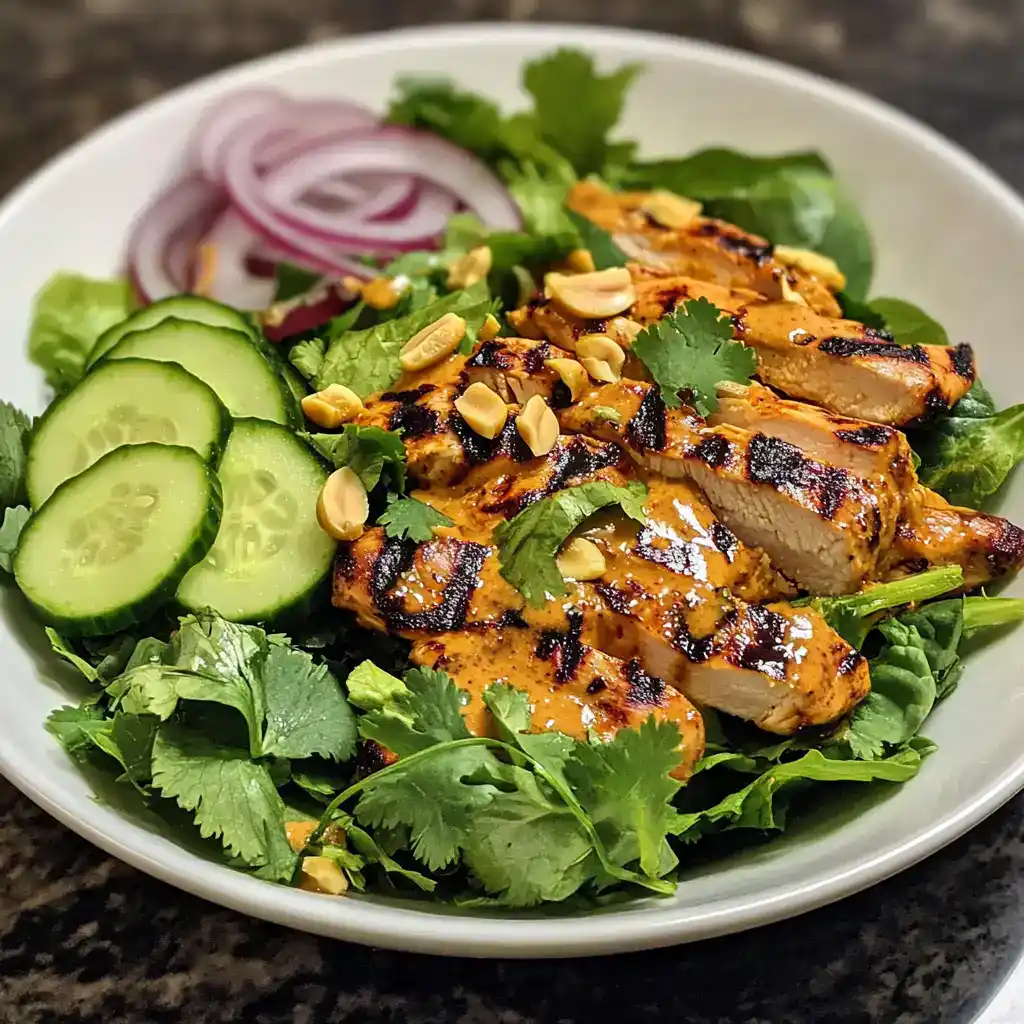 Grilled chicken salad with fresh cucumbers, red onions, cilantro, and chopped peanuts on a white plate, featuring vibrant, healthy ingredients perfect for a nutritious meal.