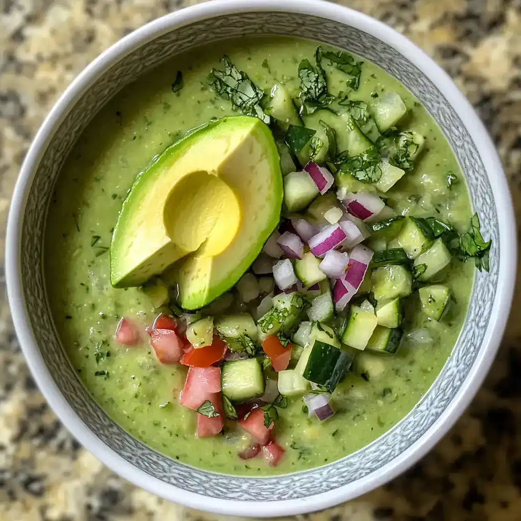 Creamy avocado cucumber gazpacho with fresh chopped vegetables and herbs, perfect for a healthy, refreshing appetizer or summer snack. Vegetarian and gluten-free options available.