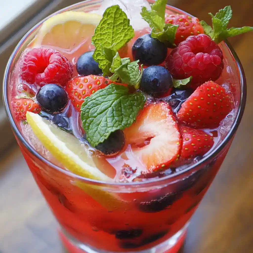 Fresh mixed berry cocktail with strawberries, blueberries, raspberries, mint, and lemon slices in a glass. Perfect for summer drinks, fruit cocktails, and refreshing beverages.