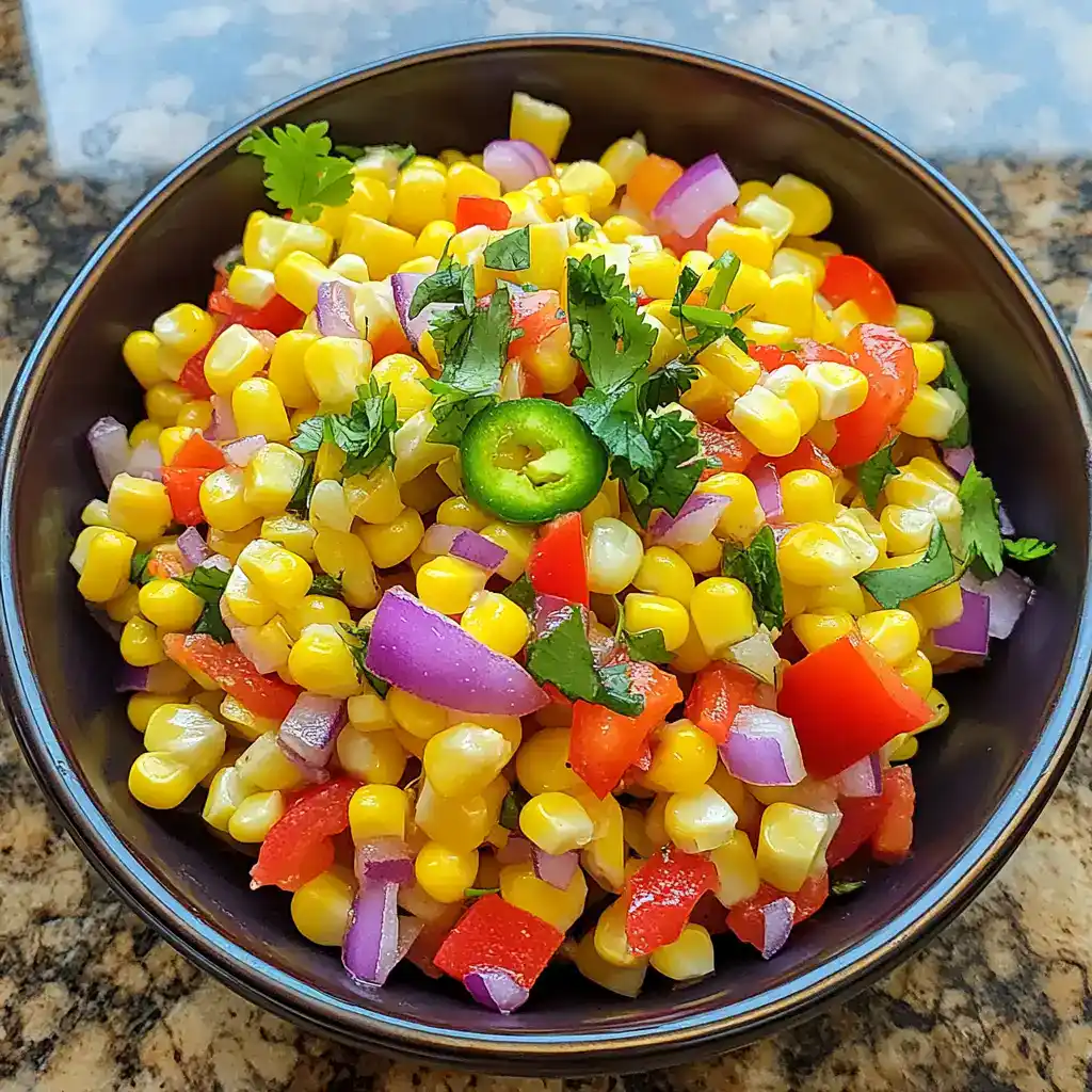 Fresh Corn Salad with Tomatoes, Red Onion, Jalapeño, and Cilantro in a black bowl, perfect for summer sides or snack recipes. Bright, colorful, and flavorful, ideal for outdoor gatherings and healthy eating.