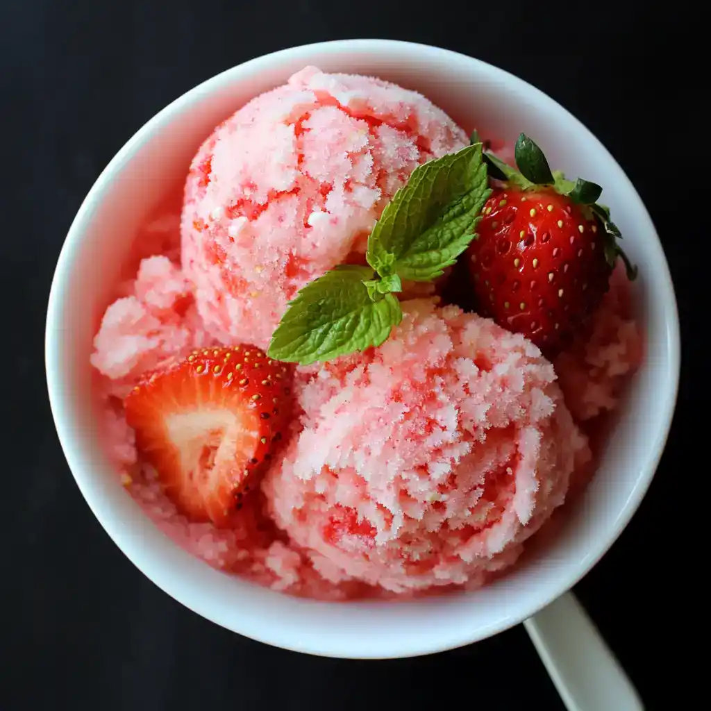 Fresh strawberry sorbet with mint leaves and sliced strawberries in a white bowl, perfect for summer desserts.