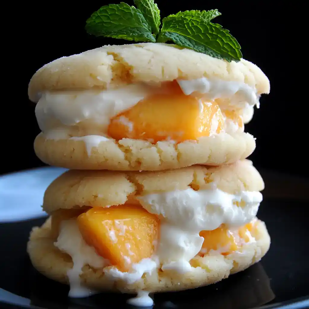 Butter cookies with peach jam and whipped cream, layered dessert, fresh fruit dessert, easy homemade cookies, summer fruit treat, gluten-free cookies, soft cookie layers, sweet peach filling, dessert with fresh fruit, quick fruit dessert.