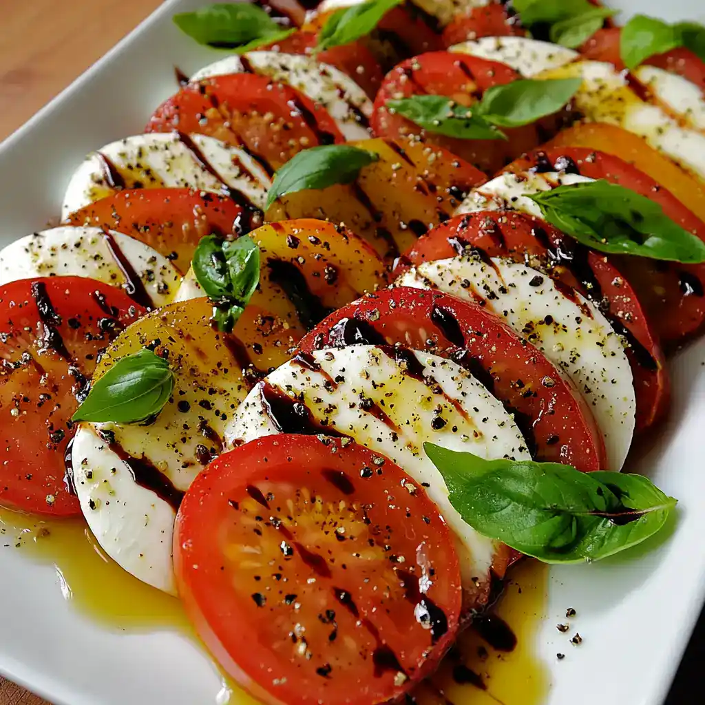 Fresh tomato and mozzarella salad with basil, olive oil, balsamic glaze, and cracked black pepper, served as a light and flavorful appetizer or side dish for any meal.