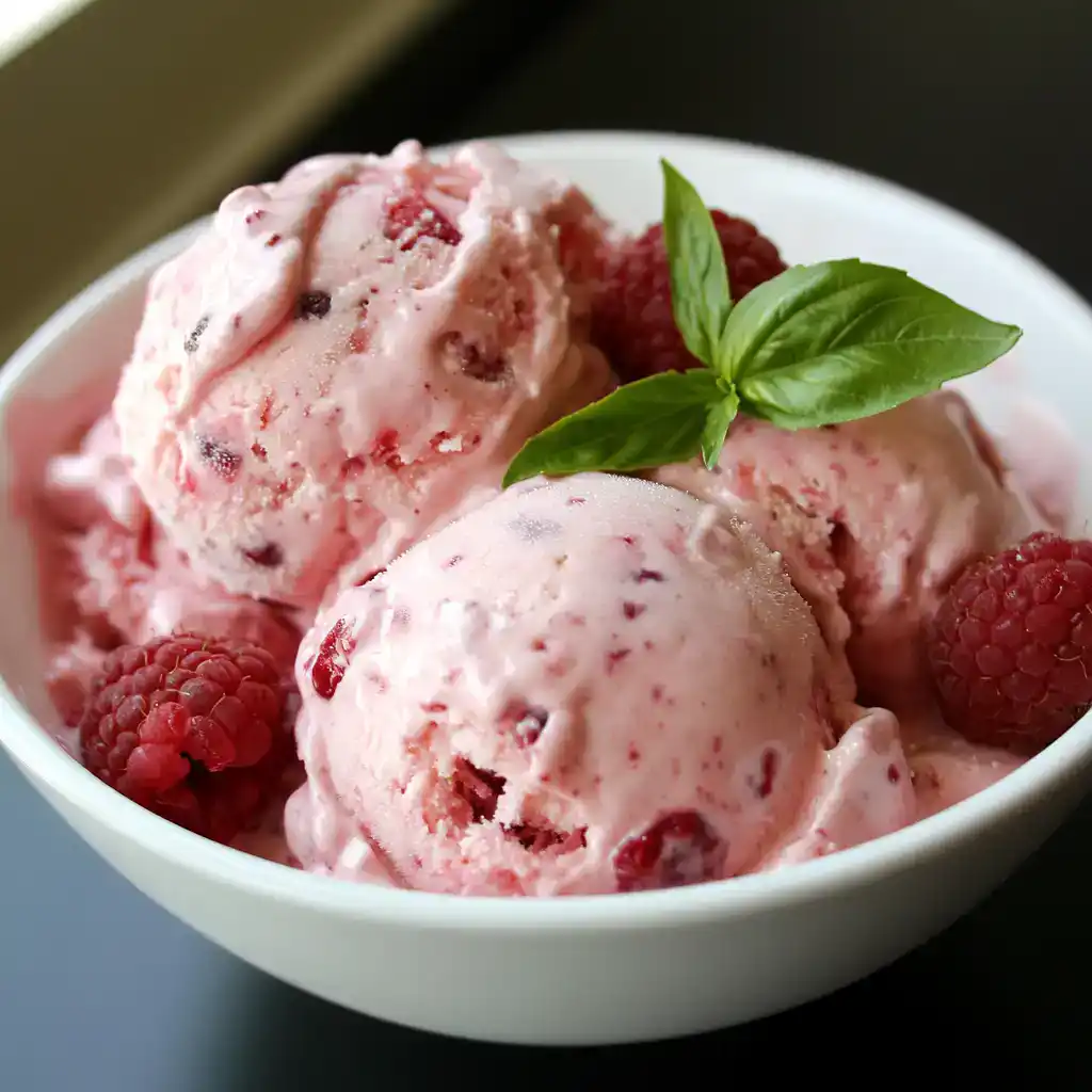 Sweet creamy raspberry ice cream with fresh raspberries and basil garnish. Perfect for summer dessert or homemade treat. Deliciously fruity and refreshing.