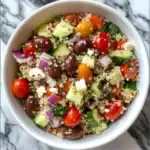 Fresh Mediterranean quinoa salad with cherry tomatoes, cucumber, red onion, kalamata olives, and feta cheese. Perfect as a healthy, protein-packed side dish or light meal.