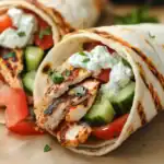 Juicy grilled chicken wrap with fresh vegetables, creamy tzatziki sauce, and warm flatbread, perfect for a quick and flavorful meal.