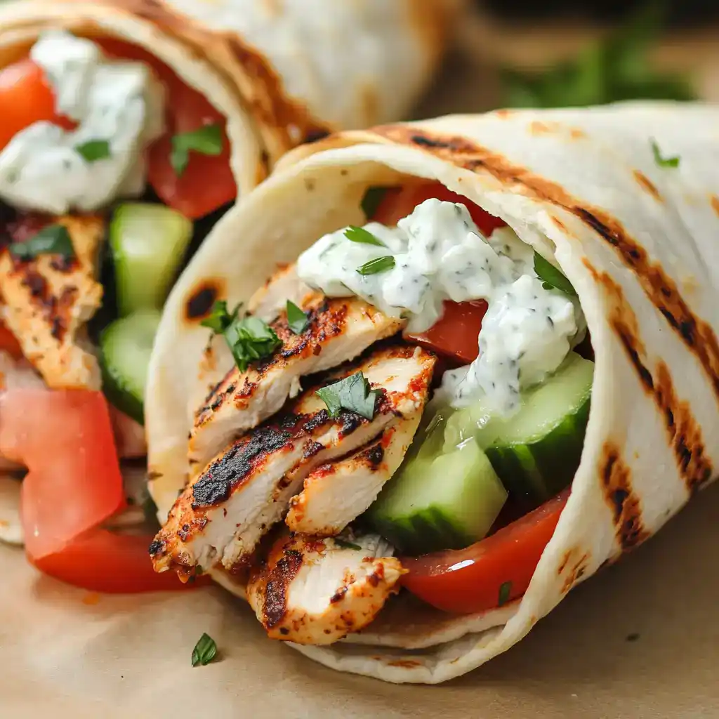 Juicy grilled chicken wrap with fresh vegetables, creamy tzatziki sauce, and warm flatbread, perfect for a quick and flavorful meal.