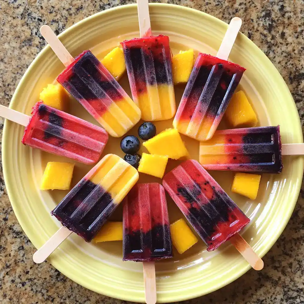 Colorful layered fruit popsicles with mango, blueberry, and berry flavors on a yellow plate. Perfect for summer desserts and healthy treats.