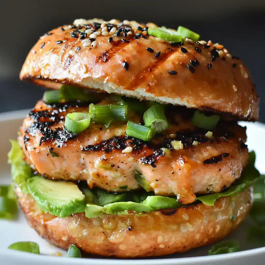 Savory salmon burger with avocado and green onions, grilled bun, black and white sesame seeds, served on a white plate.