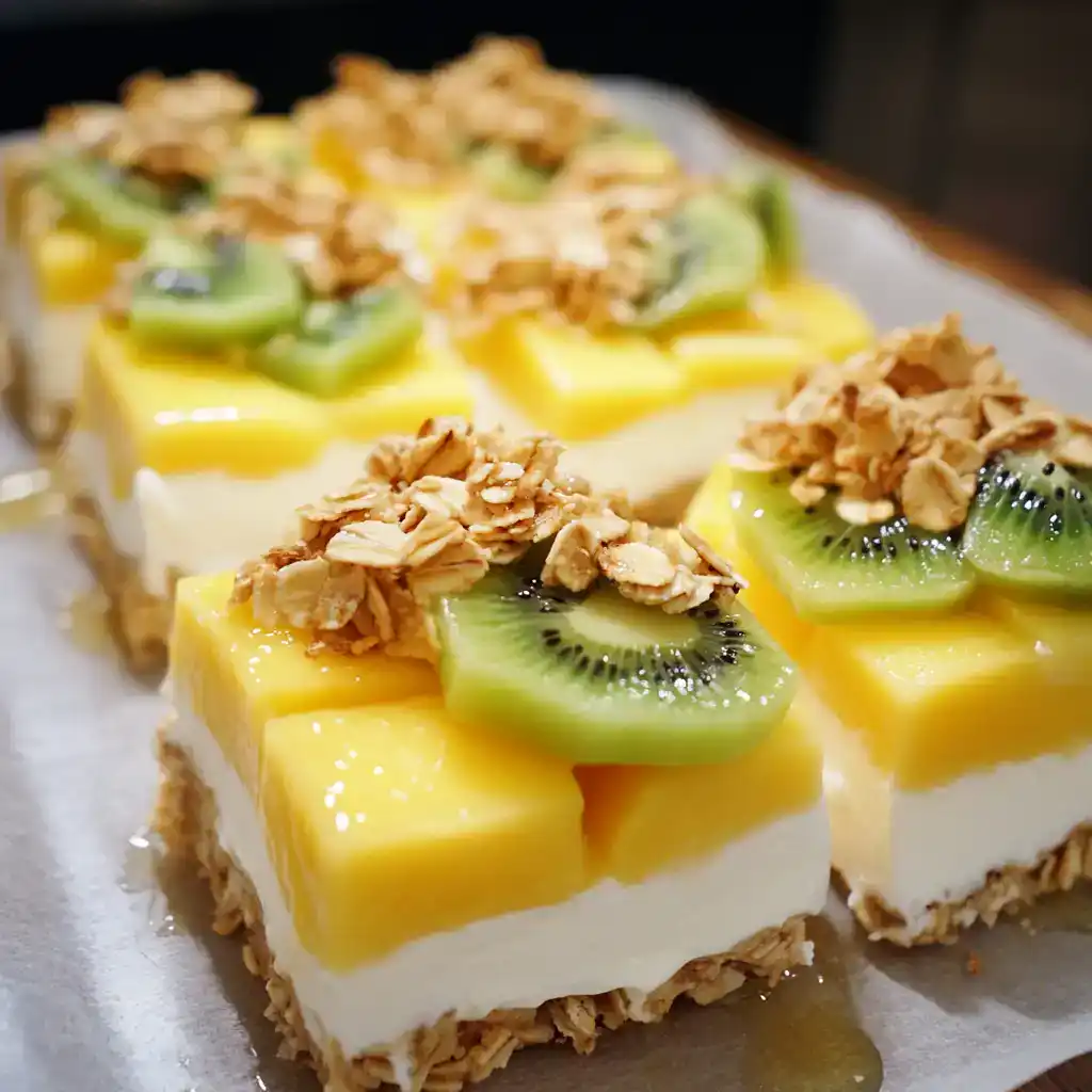Fresh fruit cheesecake bars topped with kiwi, mango, and crunchy granola, perfect for summer desserts or healthy snacks, featured on Station Recipes.
